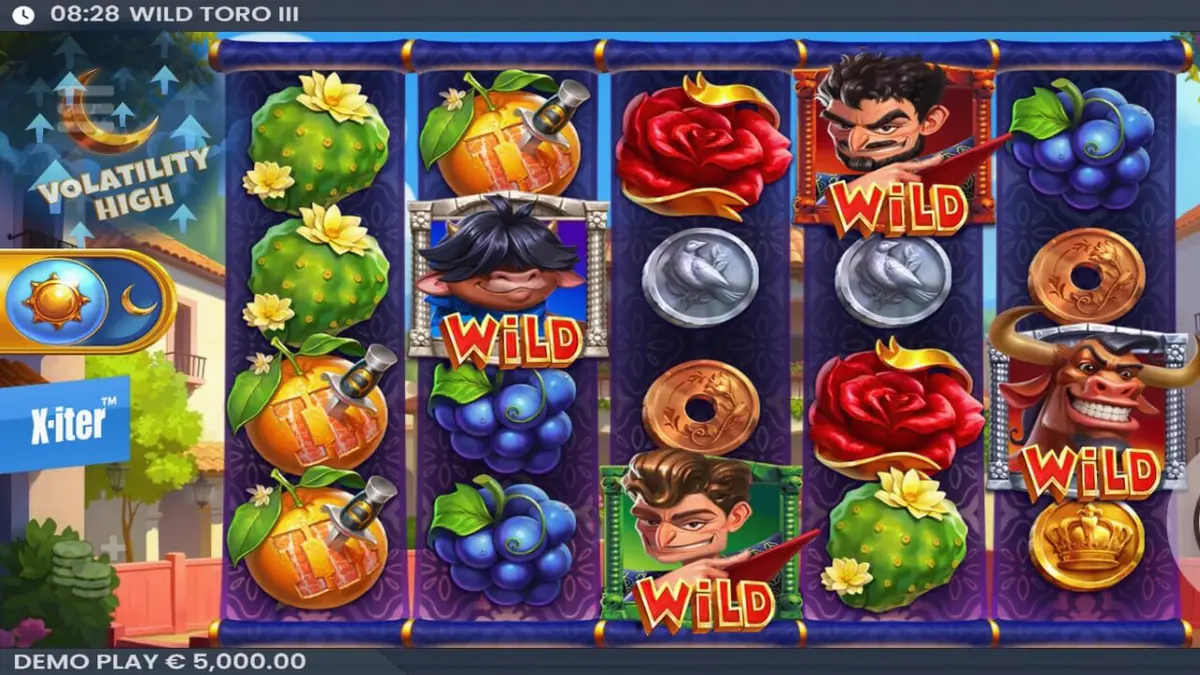 Tampilan visual slot Wild Toro 3 dengan karakter banteng dan latar belakang desa Spanyol